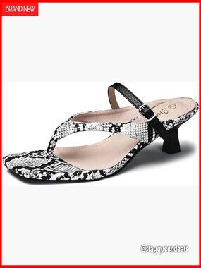 Kitten Heels Square Toe Thong Sandals Low Heel Snake Print Sandals